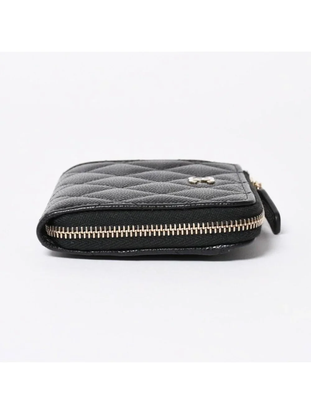 Chanel Quilted Compact Wallet Coin Purse Caviar Leather Black Gold
